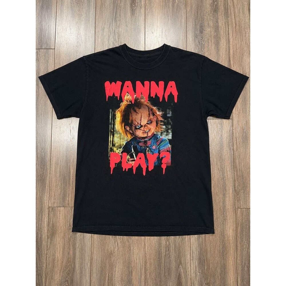Chucky Wanna Play Mens M Black Childs Play Horror Movie Graphic T-Shirt Tee